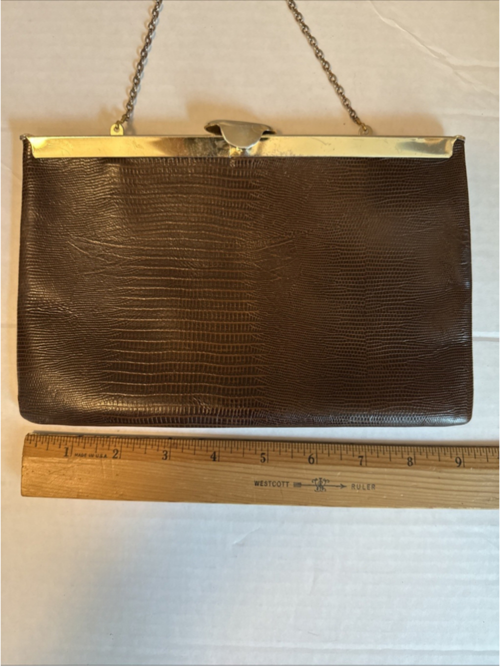 Vintage Etra Leather Lift Clasp Clutch with Chain Bag, Clean Lizard Embossed EUC - Picture 3 of 8
